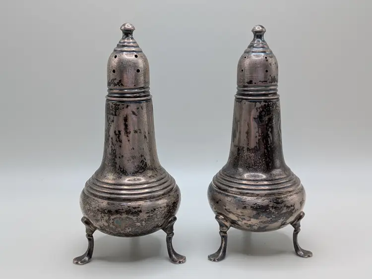 EMPIRE STERLING Sterling Silver Salt & Pepper Shakers Tri Footed Antique Marked