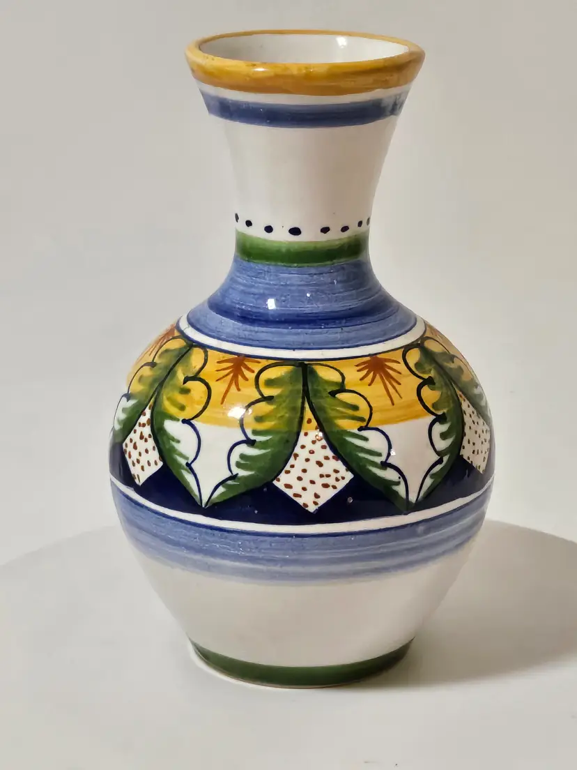 Vintage Ceramic Vase Hand Painted Deruta Italy Small Yellow Blue Green Folk Art