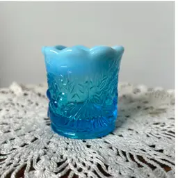 Vintage Westmoreland Glass Blue Opalescent Toothpick Holder Glows Wreathed Cheries