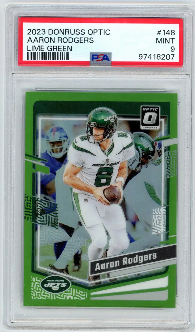 2023 Donruss Optic AARON RODGERS #148 Lime Green Prizm /20 SP JETS PSA 9 MINT