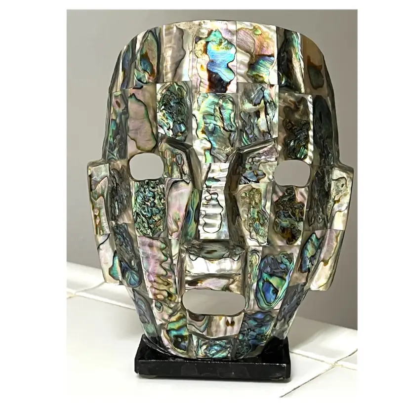 Abalone Mother of Pearl Shell Mayan Aztec Face Mask Decor Sculpture On Base 7 in Height