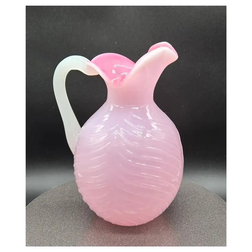 Italy -  Murano Opaline Pink And White Ribbed Cased Glass Pitcher. 1970s 9.5" tall x 6.5". Most likely Archimedes Seguso.