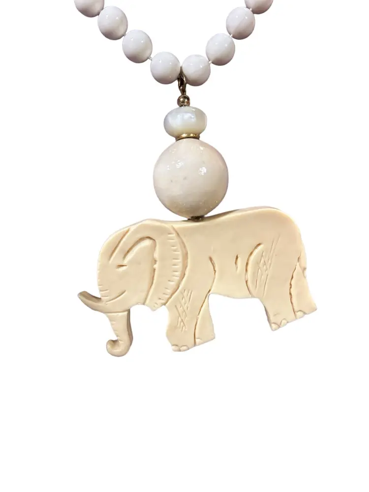 Vintage 80s Carved Elephant Extra Long Plastic Statement Necklace