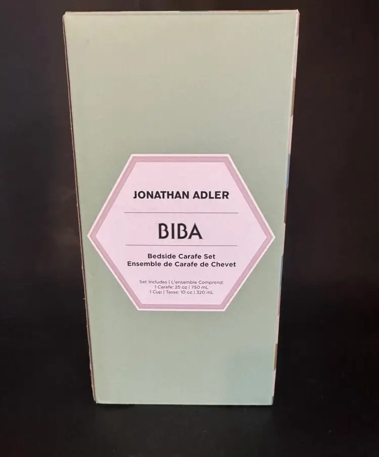 New Blue Glass Jonathan Adler Biba Bedside 25oz Carafe & 10oz Cup Set