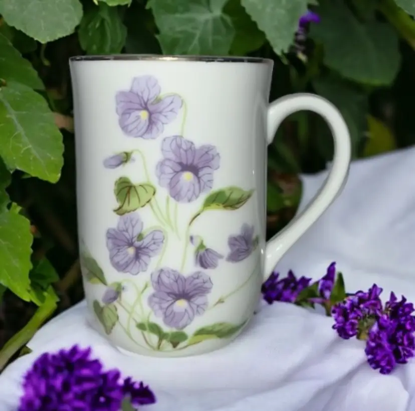 Otagiri White Porcelain Coffee Cup Purple Pansy Floral Mug Japan Gift Mother