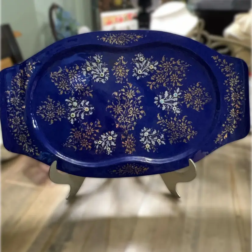 Vintage 12” Enamel Cobalt Blue on Brass Tray With Applied Flowers (frit And Gold Enamel)