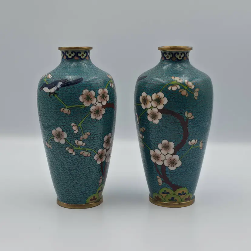 Pair of Teal Green Cloisonne Vases with Cherry Blossoms and Birds