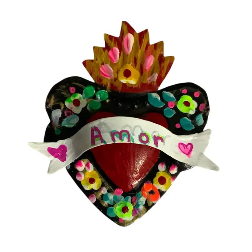 Colorful Glowy Flaming Heart Hand Painted “Amor” Heart Shaped Magnet 3” By 3”