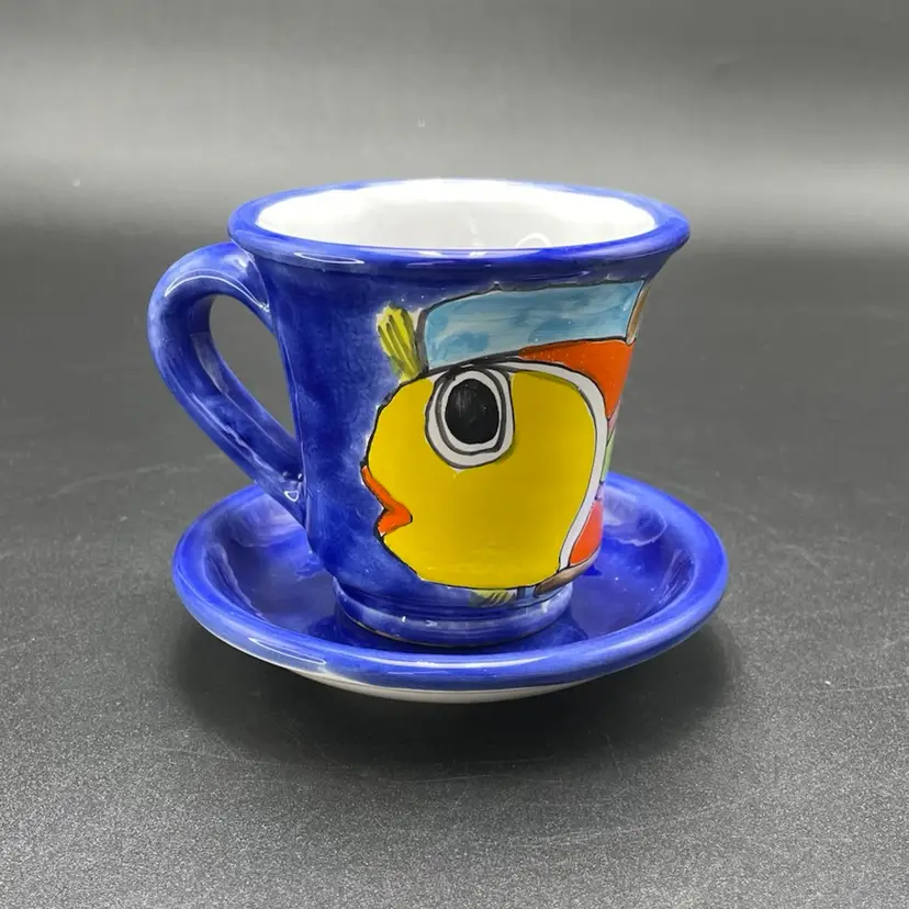 Nino Parrucca Fish Coffee Mug Cup with Saucer Italian Pottery Drinkware Zoo