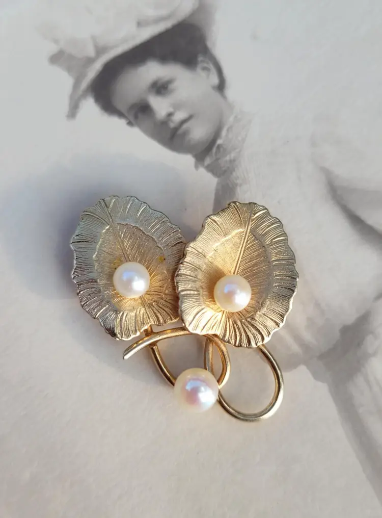 Antique 12k Gold Filled Genuine Pearl Pin Brooch Mid-Century