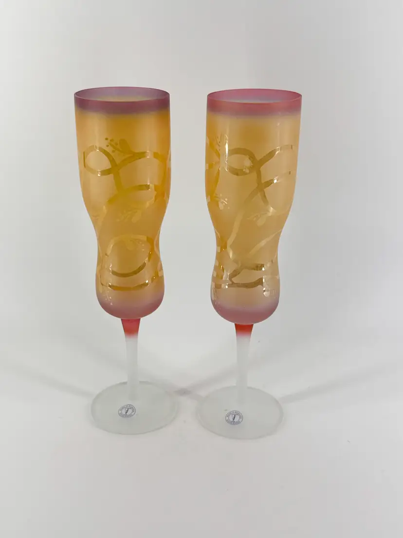 Pair Romanian Handcrafted 10oz Champagne Flutes Pink Gold Cocktail Glasses