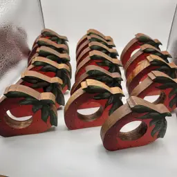 Set Of 17 Vintage Hand Painted Wooden Strawberry Napkin Rings 3"x 3.75"