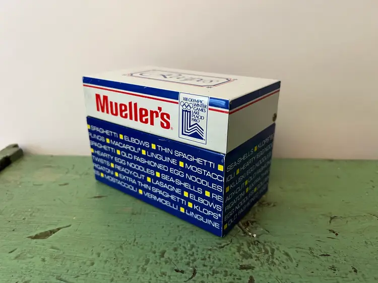 Mueller's Metal Recipe Card Box-1980 Olympic Winter Games-Kitchen Advertising Tin