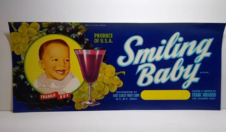 Smiling Baby Crate Label Grapes Frankie Boy Child Grape Juice 1960's Vintage