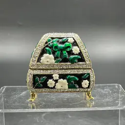 Enamel Rhinestone Magnet Lidded Trinket Box Black Green White Floral Vintage