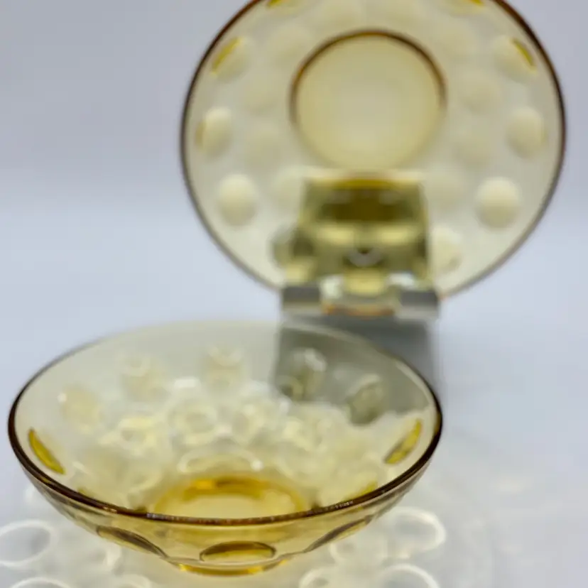 Vintage 1960’s Hazel Atlas Eldorado Trinket Bowl Dish, Set of 2, Gold Amber Yellow Glass, Optic Bubbles, Mid-Century Modern Vanity Decor, By Hazel Atlas, Made in Washington, PA