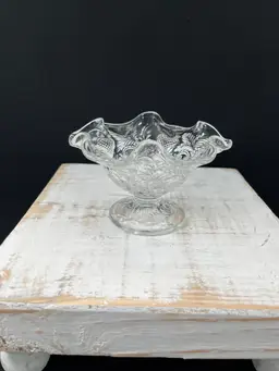 VTG Fenton 3” X 4.5” Clear Ruffled Glass Sherbet Dish With Raised Strawberries