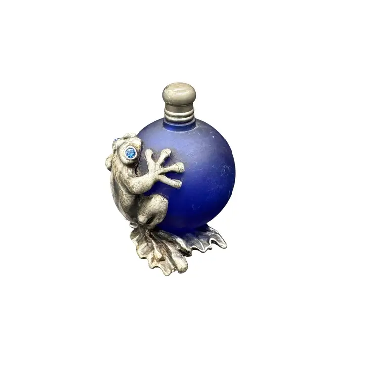 Vintage Frosted Glass Pewter Frog Perfume Bottle Baked Enamel Blue Austrian Crystals Froggie