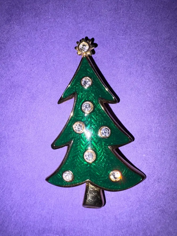 Vintage LIA Christmas Tree Brooch ~ Gold Tone With Clear Rhinestones And Green Enamel ~ EXCELLENT