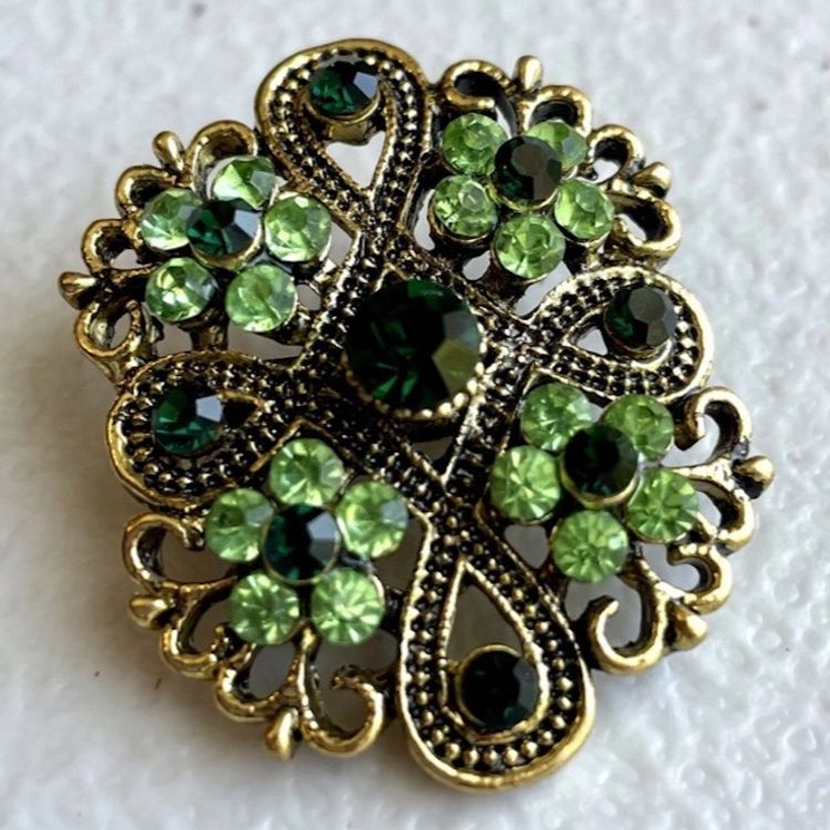 Vintage 60's Green Art Glass Flower Rhinestone Celtic Knot Infinity Pin Brooch