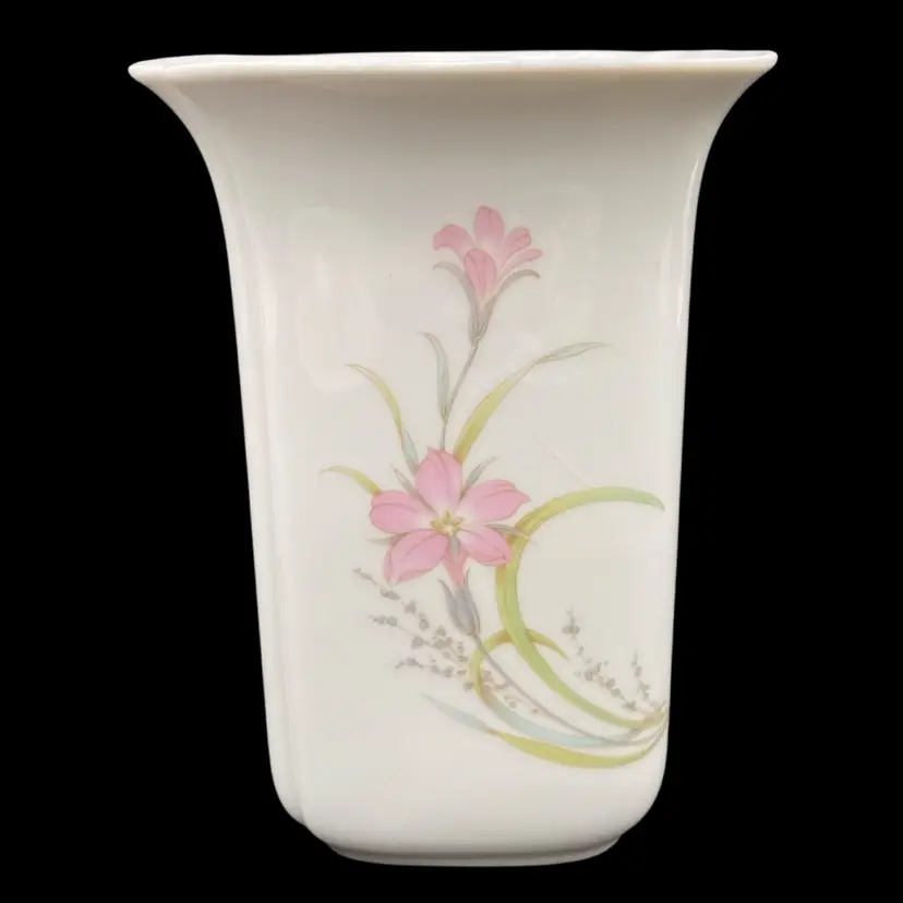 Vintage Hutschenreuther China (Germany) Flared Square Vase, 6.75", Pink Lilies