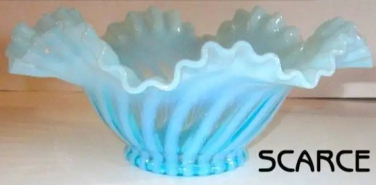 Fenton Aqua Blue Opalescent Swirl Crimped & Ruffled Bowl