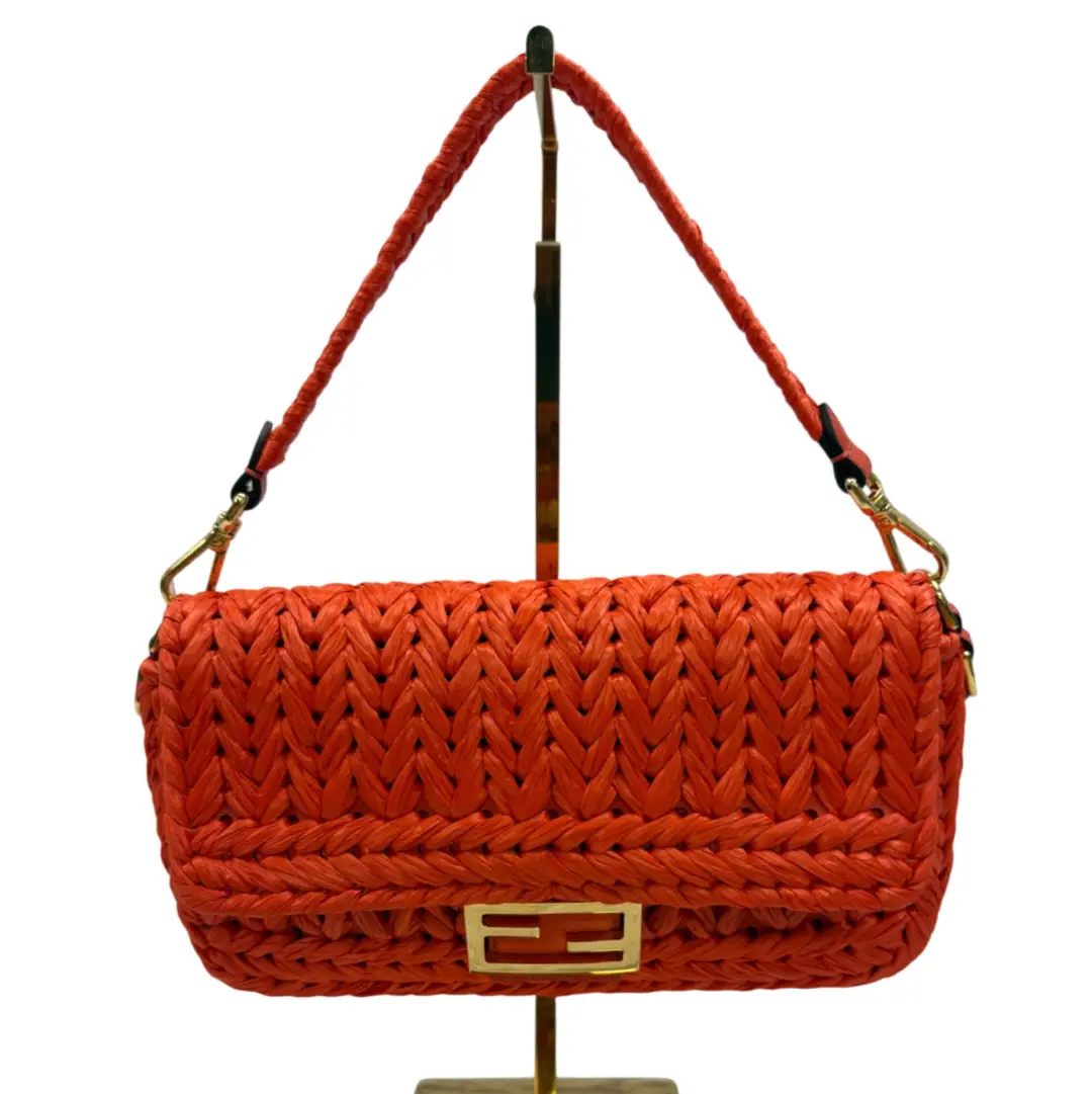 Fendi Raffia Orange Crochet Baguette