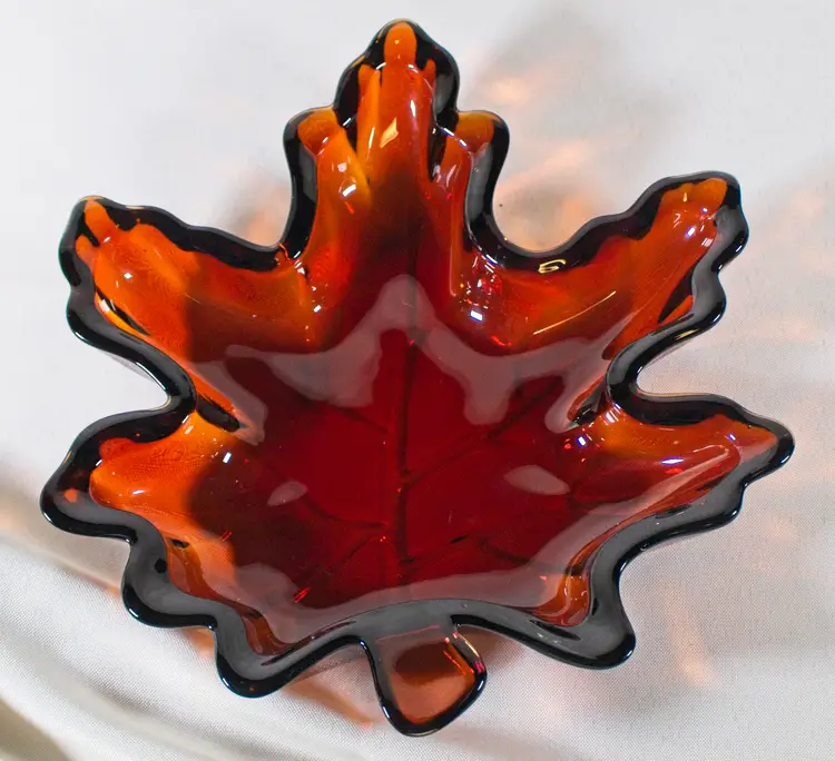 Vintage Amber Glass Maple Leaf Candy Dish Fall Autumn 9"