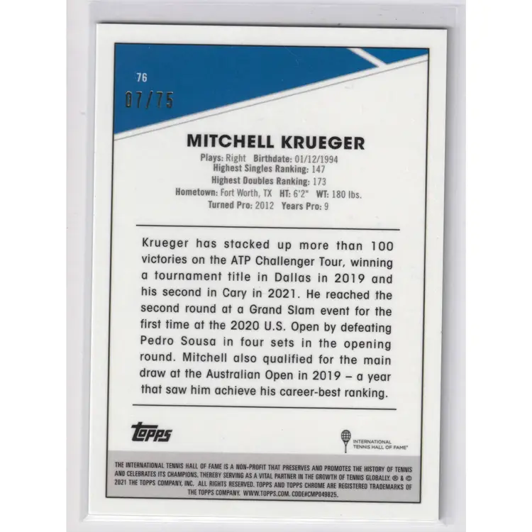 Mitchell Krueger Green Refractor #'d /75 Topps Chrome Tennis Card 2021