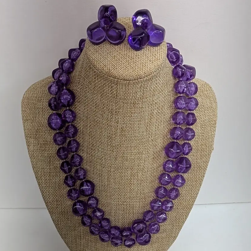Vintage Avon 1980s Purple Dawn Lucite Clip On Cluster Earrings and Necklace Set