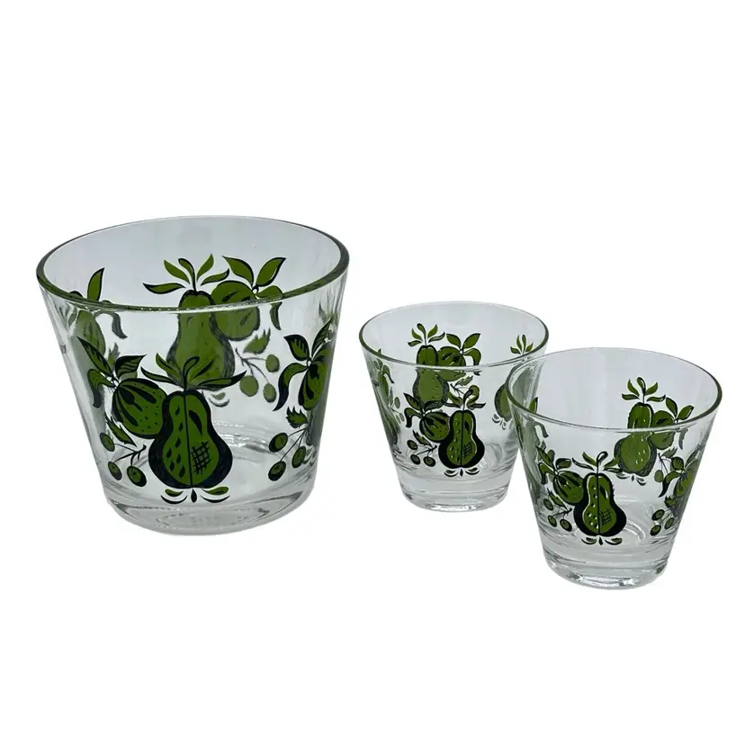 Fruit Pear Motif Avocado Green Black Vintage Glass Ice Bucket & 2 Rocks Glasses