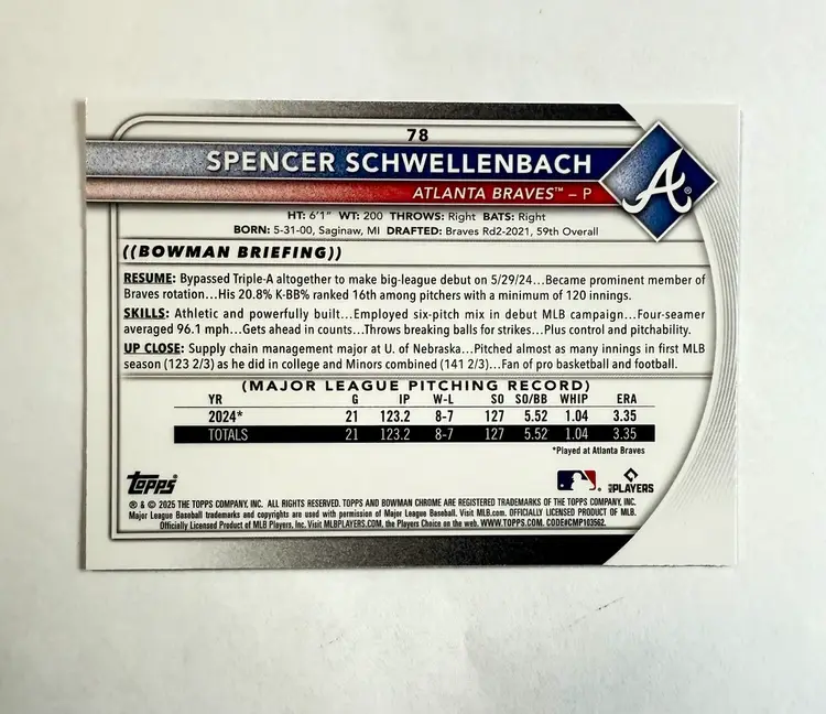 Spencer Schwellenbach 2025 Bowman #78 Chrome Mojo Refractor RC Atlanta Braves
