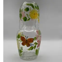 Bedside Carafe & Tumbler Hand Painted Crackle Glass Tumble Up Butterfly Floral