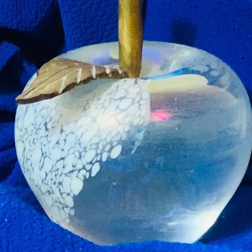 Clear Art Glass Paperweight With White And Brass Apple Designs Vintage