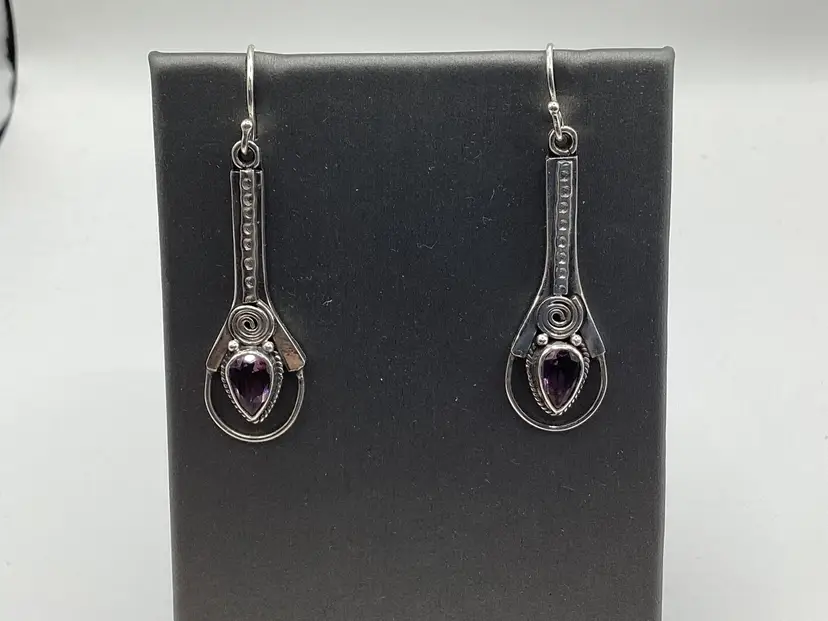 #17 My 1st Show Earrings Marked And Tested Sterling Silver 925 Fish Hook With Purple Glass