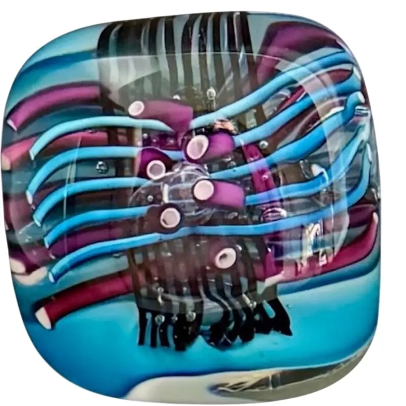 Schmidt Rhea Paperweight Multi Color Abstract Glass Cube Signed•Turquoise•Purple•Black & White
2-1/4” x 2-1/4”