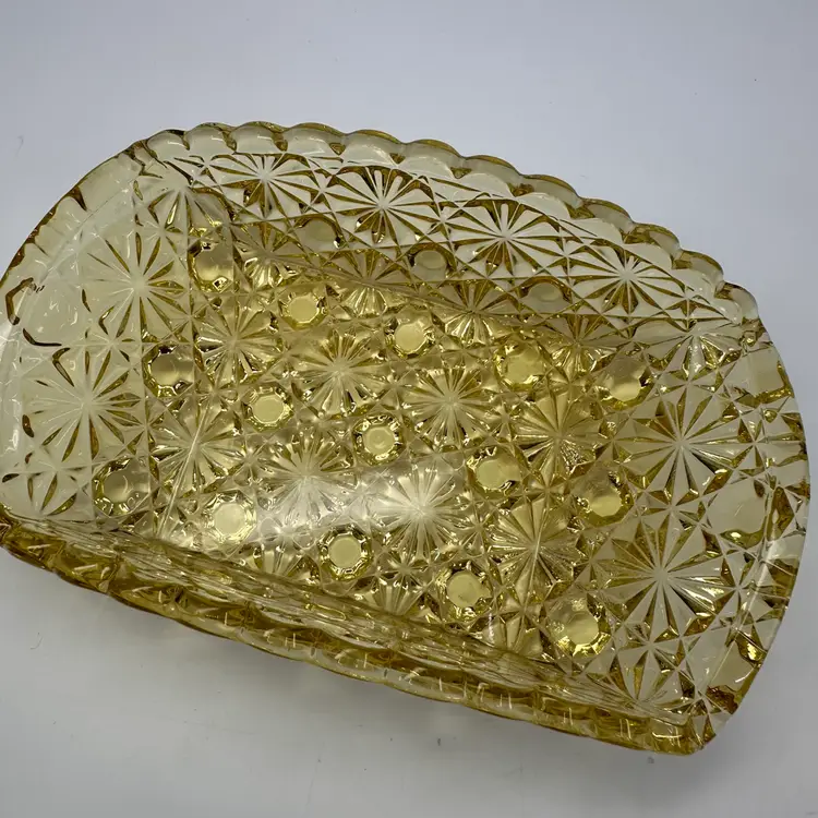 Vintage LE Smith Daisy and Button Golden Amber Glass Dish