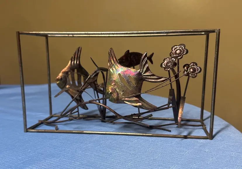 brass and copper aquatic sculpture with fish and flowers 10” by 5.5” by 3.75”