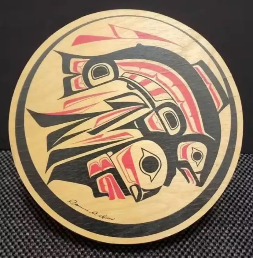 Round Wooden Lidded Keepsake Box with Northwest Coast Indigenous Artwork by Clarence A. Wells