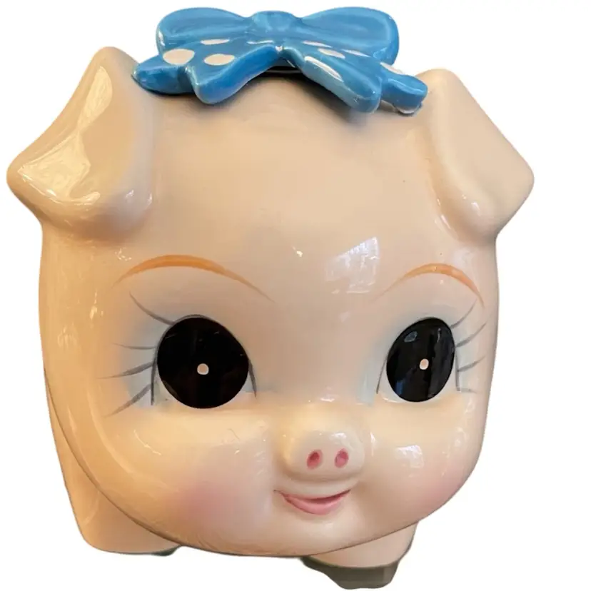 Vintage Lefton Taiwan Piggy Bank Blue Polka Dot Bow Original Sticker
