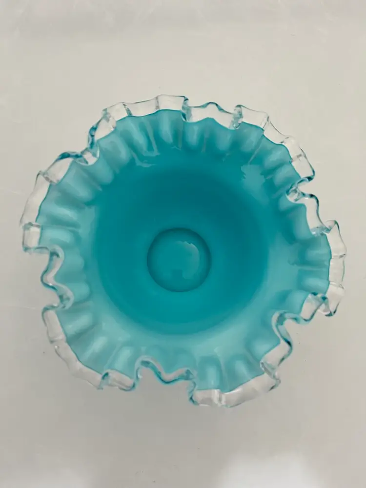 Vintage Fenton Silver Jamestown Blue Double Crimped Wave Crest Bowl c 1957-1959