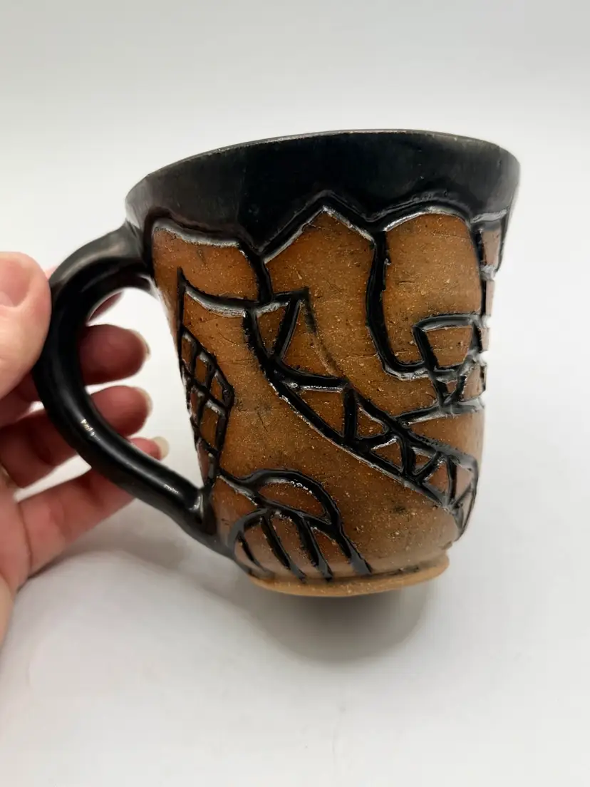 Handmade Pottery Mug Carved Abstract Pattern Signed Charlene Johnson
