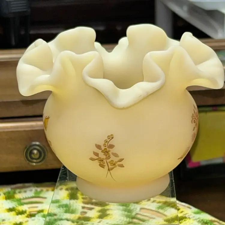 Vintage Hand Painted Chocolate Roses On Fenton Satin Cameo Ruffled Edge Rose Bowl Vase.