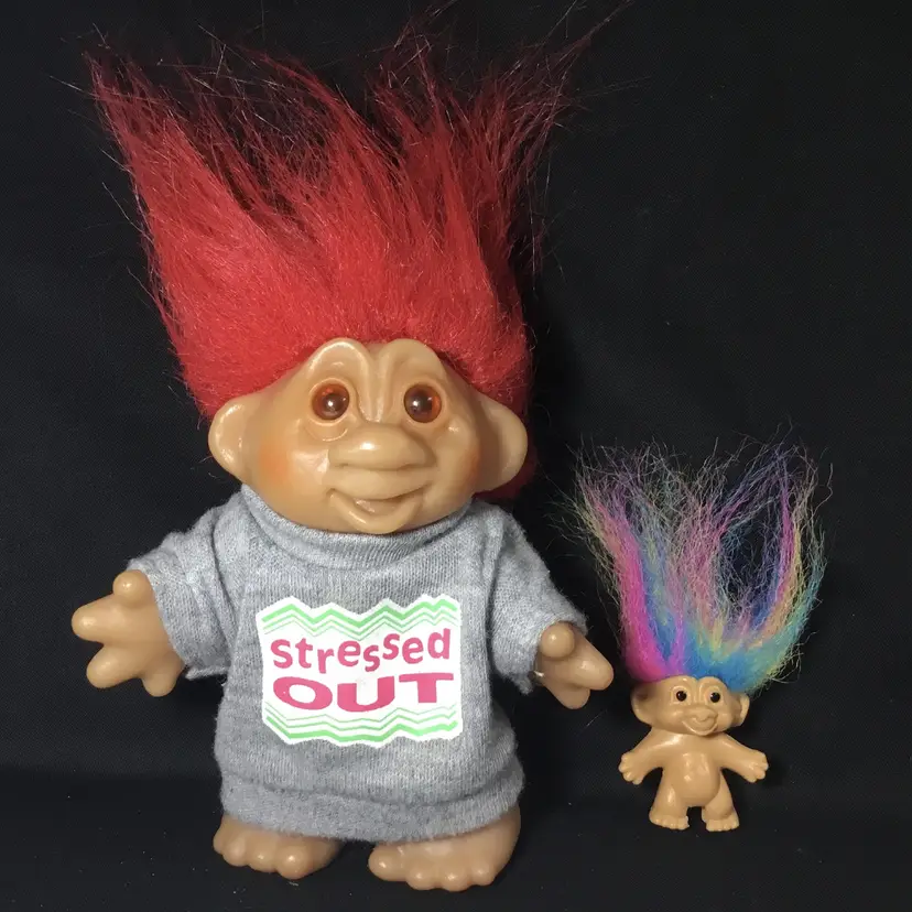 Troll dolls, DAM 1986, 5.5" with shirt, plus Russ troll pencil topper 1.5" '90s