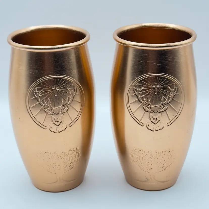 Vintage Jagermeister Berlin Moscow Mule Copper, Brass Deer Motif Tumblers, Rustic Barware Set of 2, By Jagermeister, Made in China