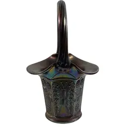 Fenton Butterfly and Berries Amethyst Carnival Glass Basket 7” x 4.5”