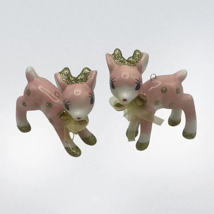 Set Of Two Pink Retro Reindeer Ornaments, Approximately 3” Diameter