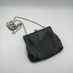 Magid Evening Bag Clutch Purse Black Beaded Metal Shoulder Strap Kiss Lock Snap Closure | 6” *read