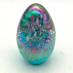 06 - Vintage Glass Eye Studio Iridescent Teal Egg Paperweight 1997.