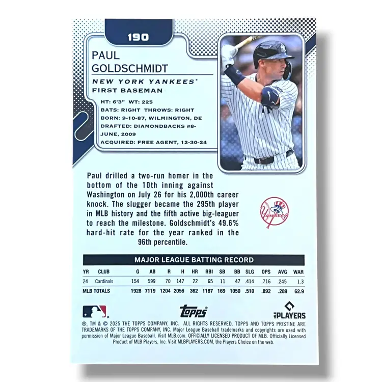 Paul Goldschmidt Yankees 2025 Pristine Topps Pink Parallel #'d 09/15 #190
